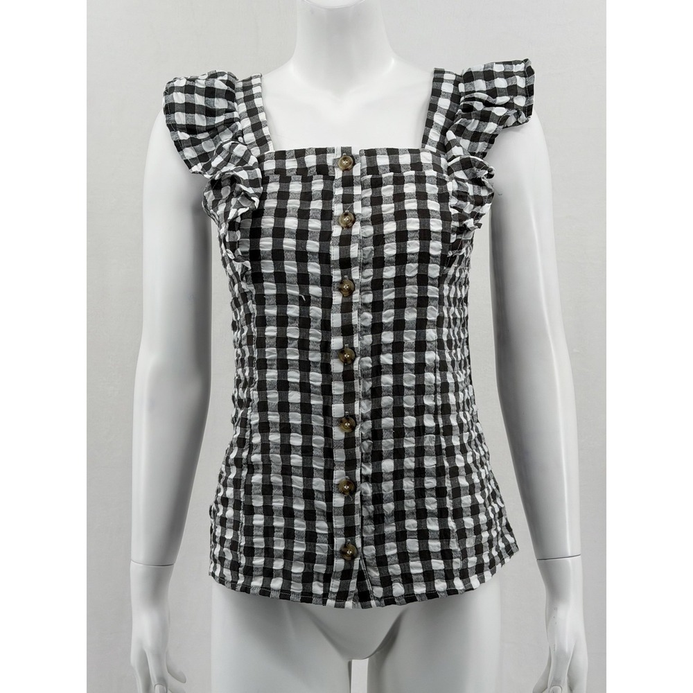 Maurices Top Womens XS Gray White‎ Gingham Ruffle Button Up Summer Picnic Beach